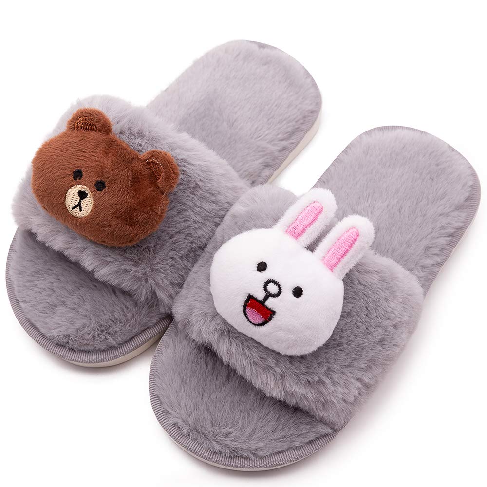 techcity Boys Girls Fuzzy House Slippers Cute Comfy Faux Fur Slip On Fluffy Plush Open Toe Home Slides for Kids Indoor Outdoor Warm Shoes
