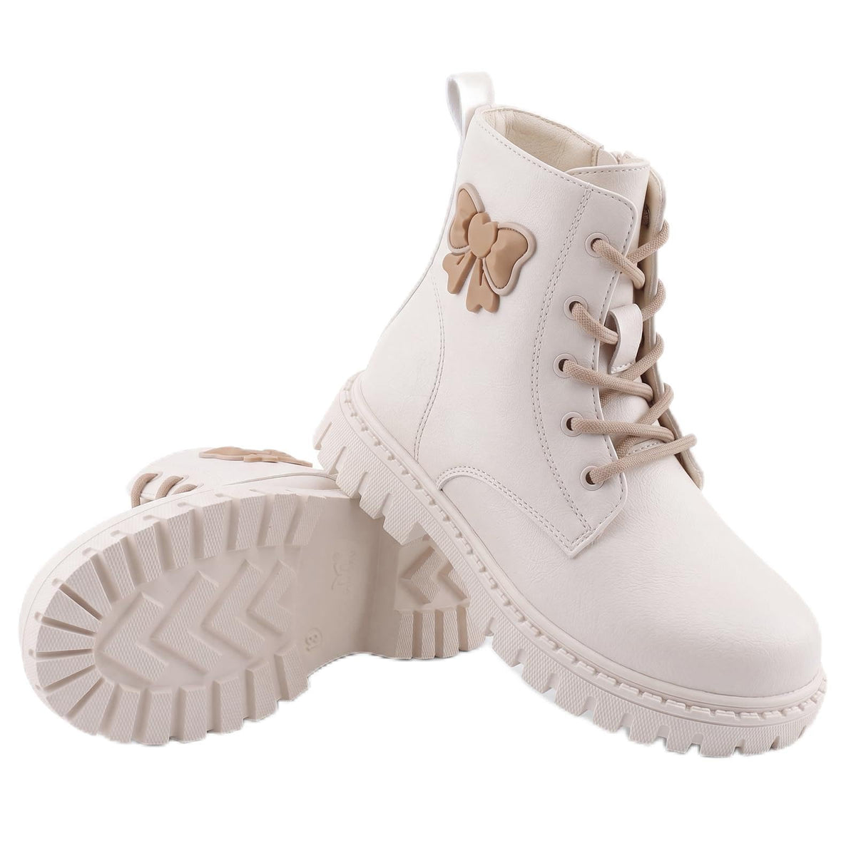 Girls Combat Boots Side Bow Detail Lace Up Side Zipper Ankle Boots