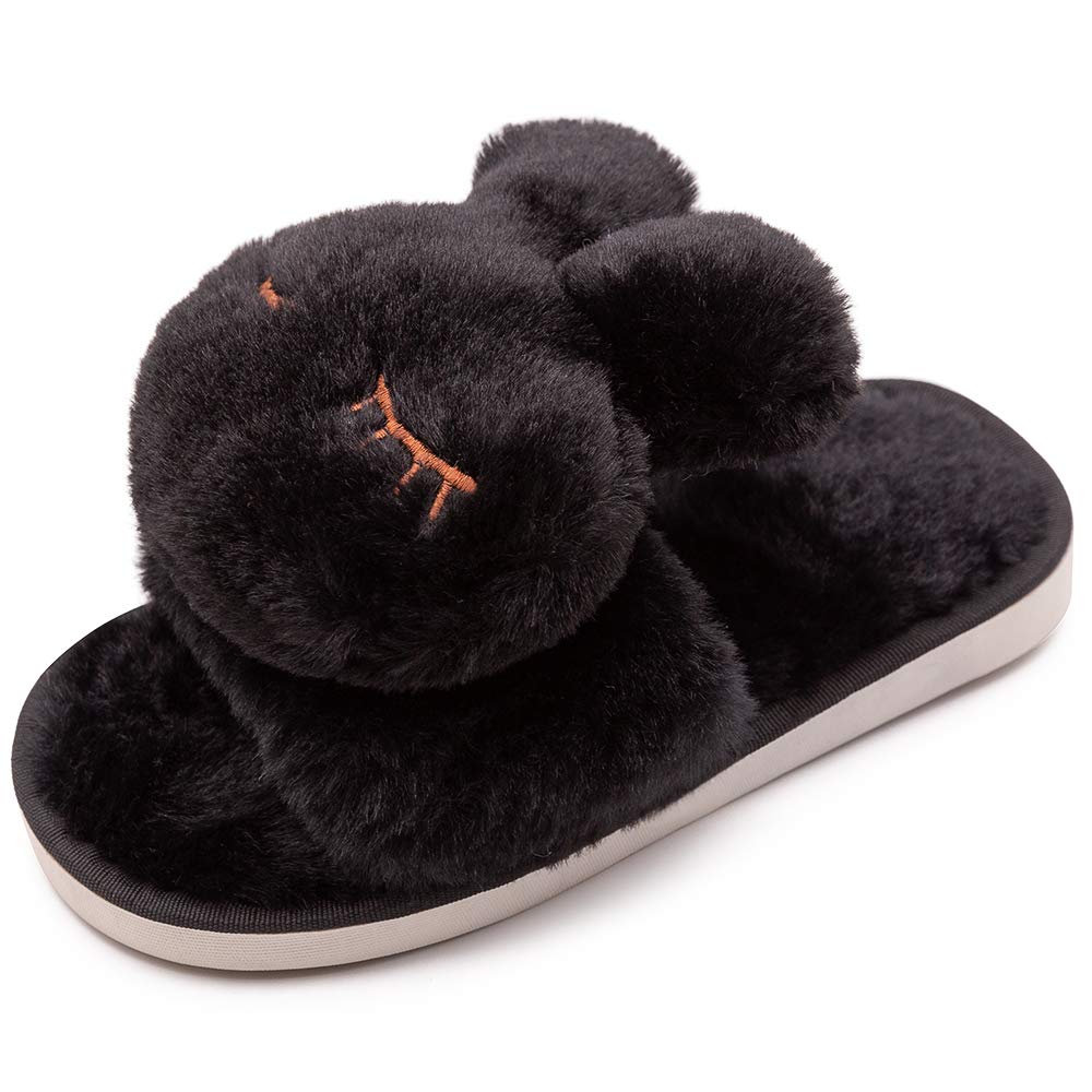 techcity Boys Girls Fuzzy House Slippers Cute Comfy Faux Fur Slip On Fluffy Plush Open Toe Home Slides for Kids Indoor Outdoor Warm Shoes