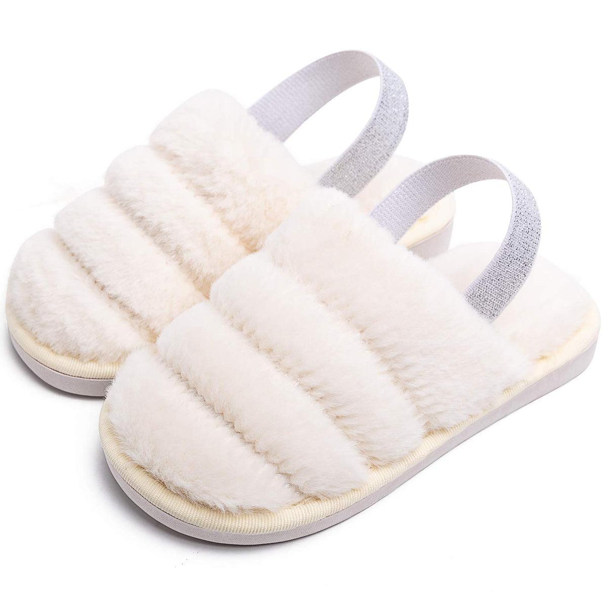 Kids Fluffy Fuzzy Slippers Open Toe House Home Slippers for Boys and Girls Faux Fur Slides with Strap Little Kids Slip-on Shoes
