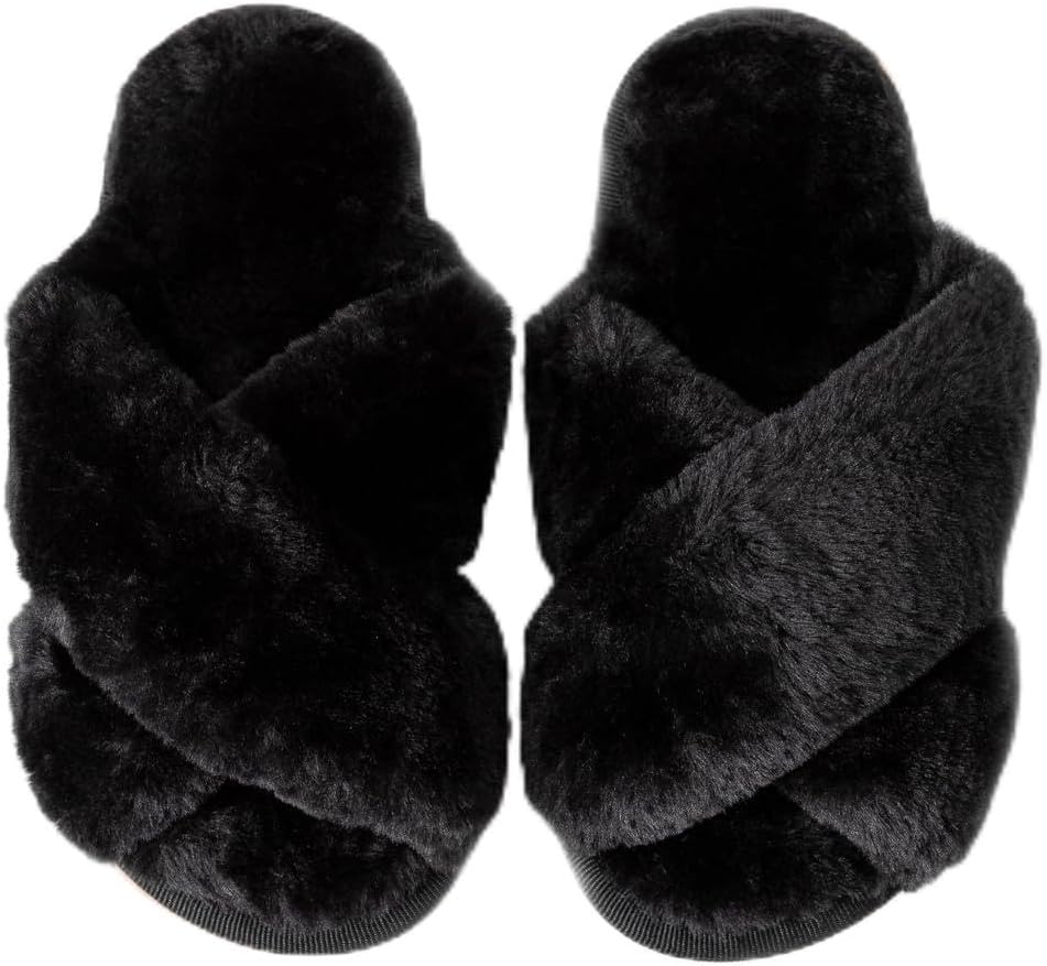 Enteer Girls Fluffy Slippers Memory Foam Soft Plush Cross Band House Shoes Indoor Outdoor Slip On