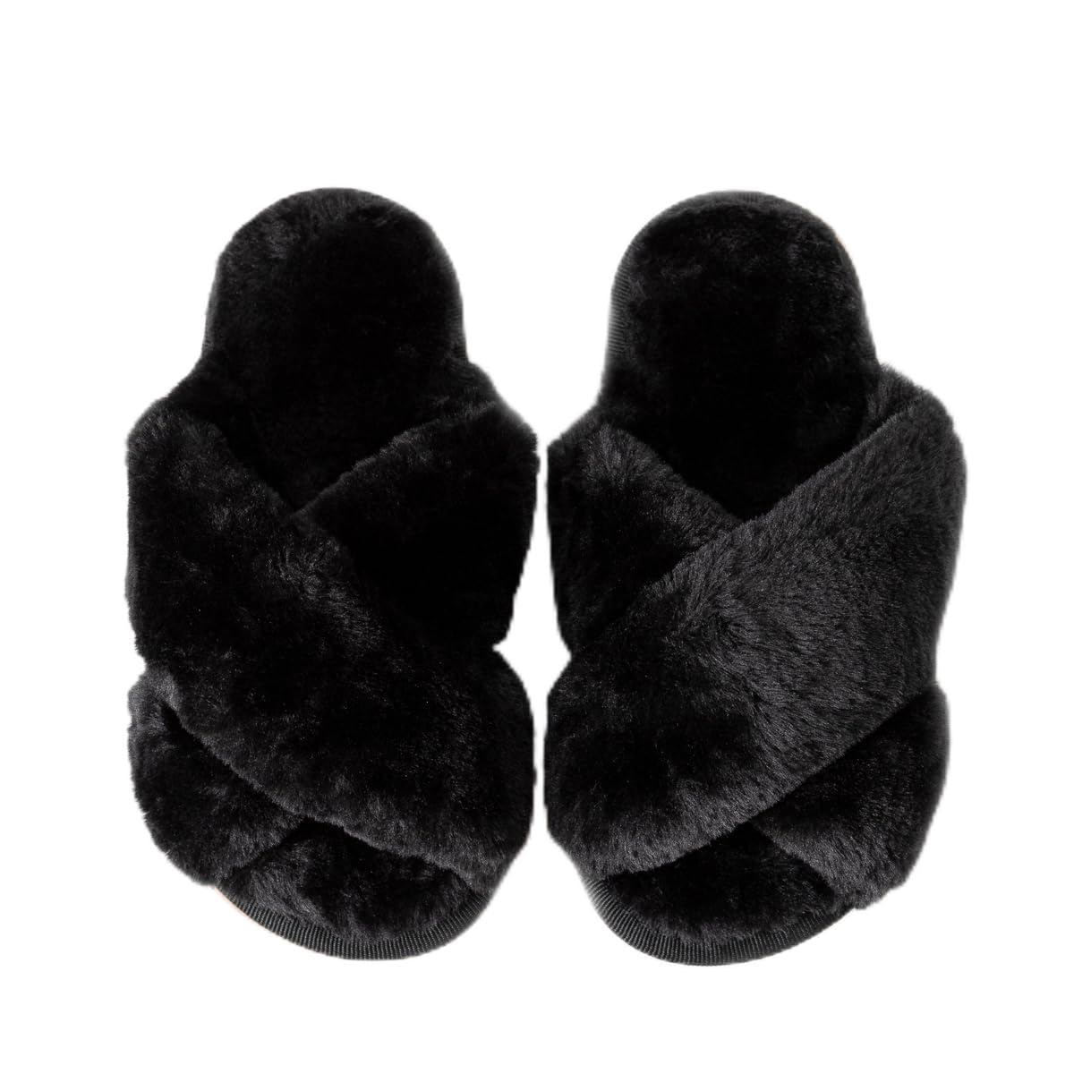 Enteer Girls Fluffy Slippers Memory Foam Soft Plush Cross Band House Shoes Indoor Outdoor Slip On