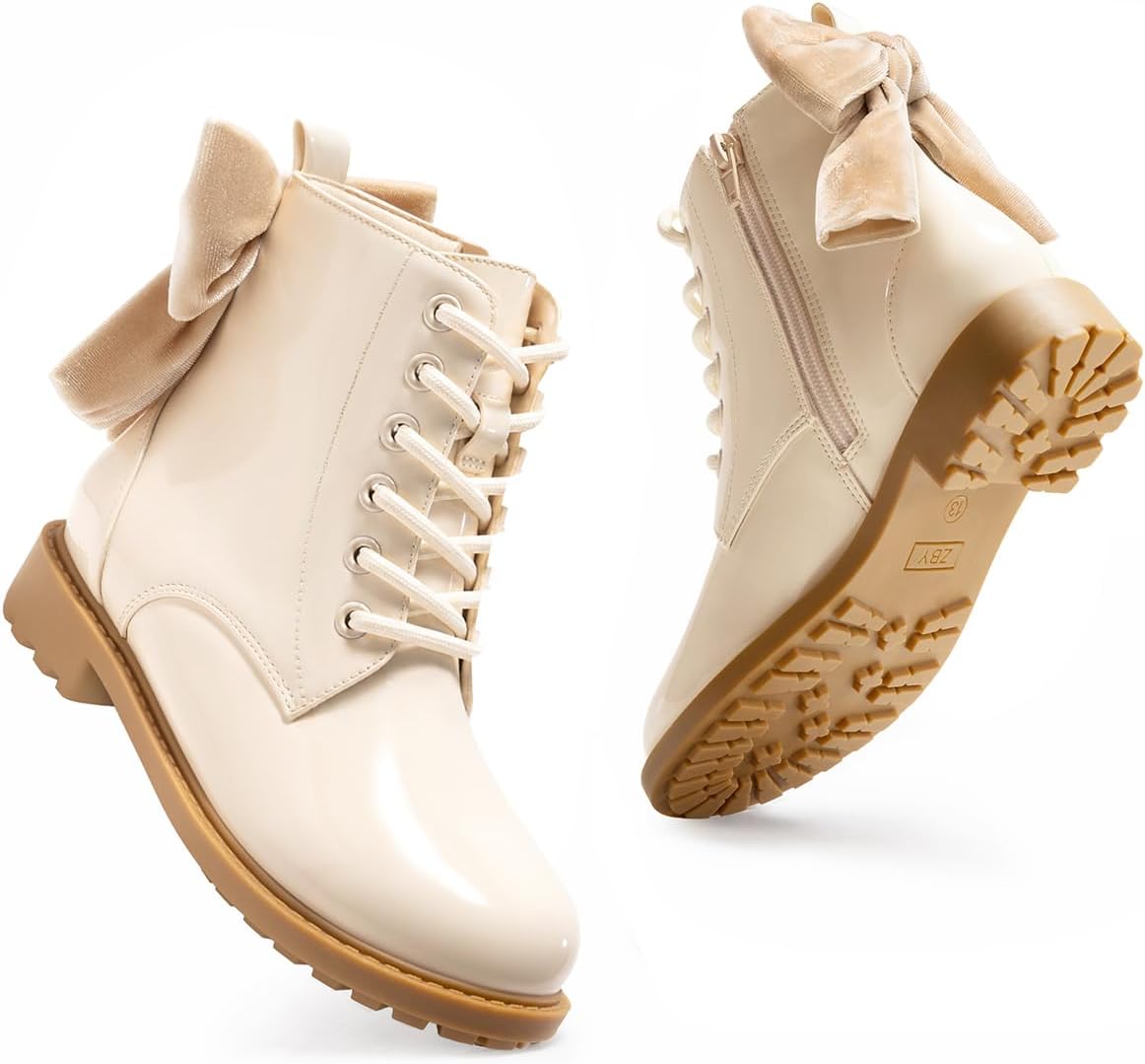 Coutgo Girls Combat Ankle Boots Bow Lace Up Side Zipper Chunky Heel Booties