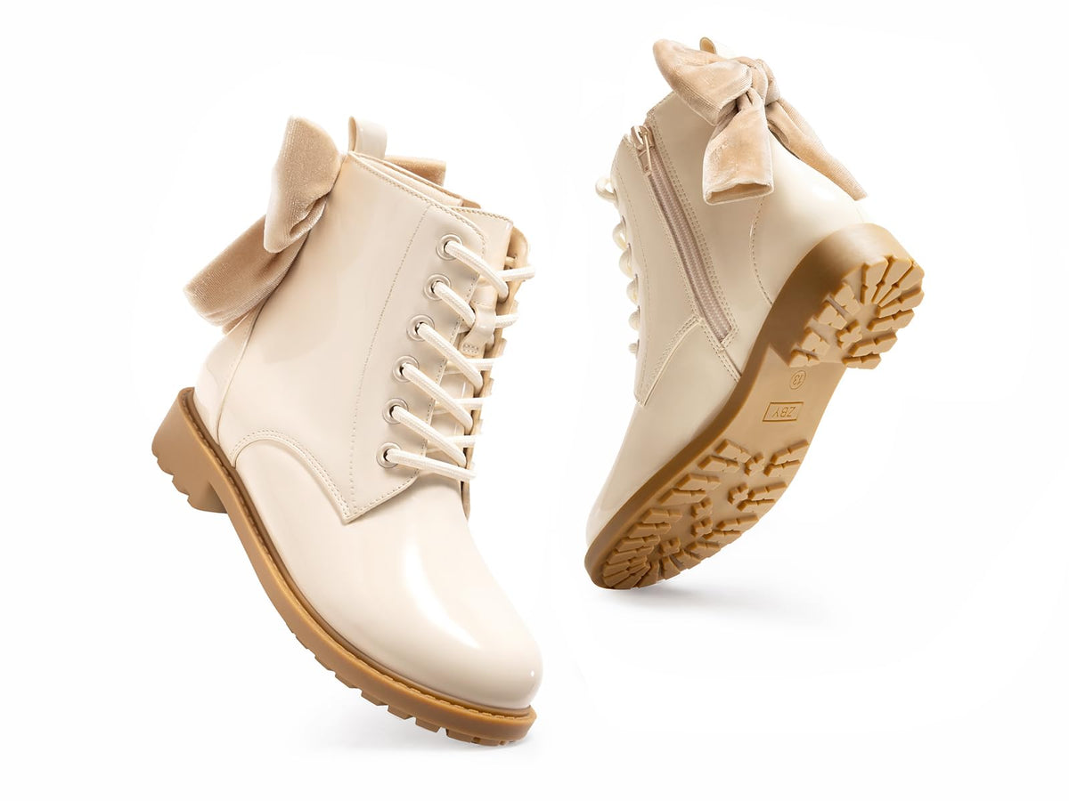 Coutgo Girls Combat Ankle Boots Bow Lace Up Side Zipper Chunky Heel Booties