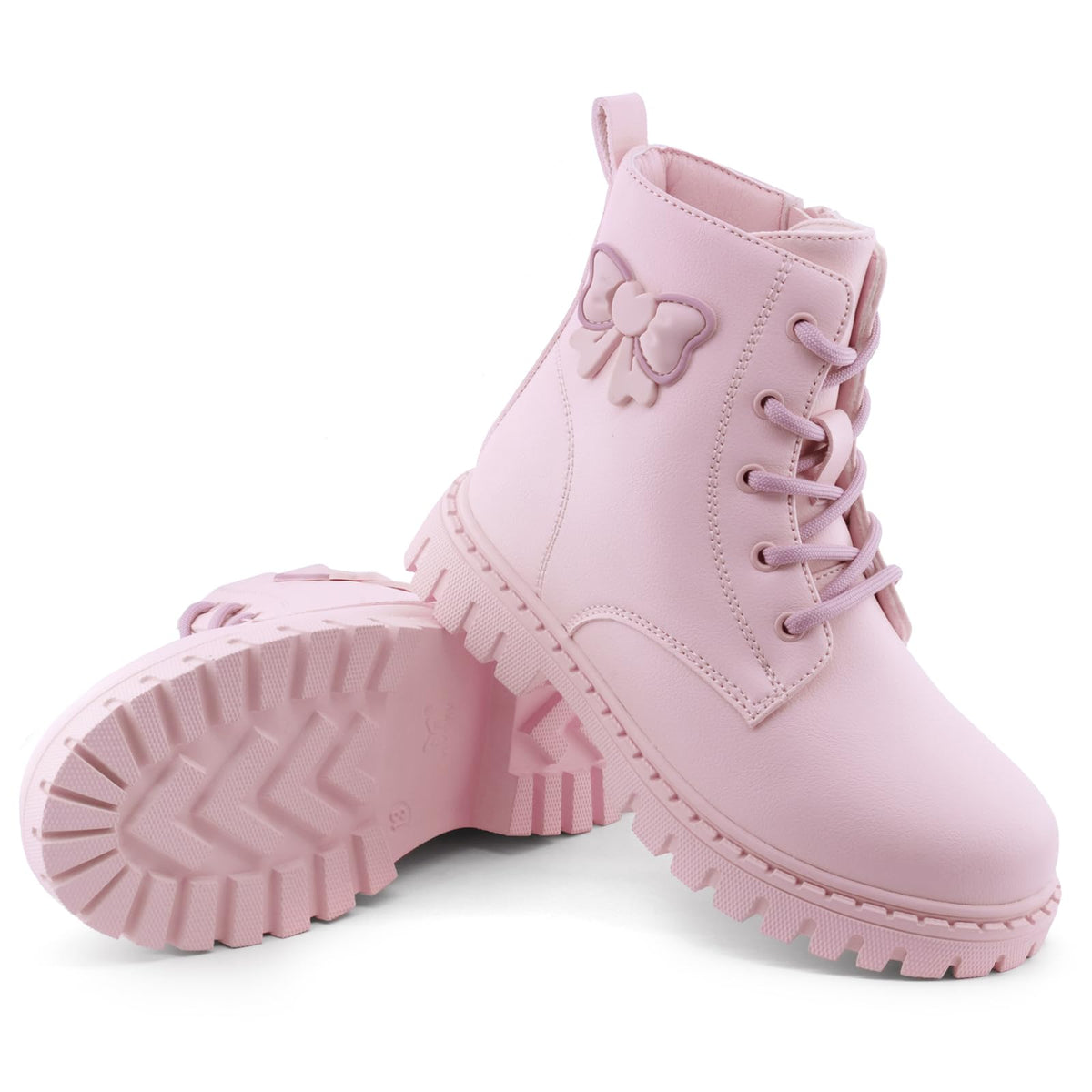 Girls Combat Boots Side Bow Detail Lace Up Side Zipper Ankle Boots