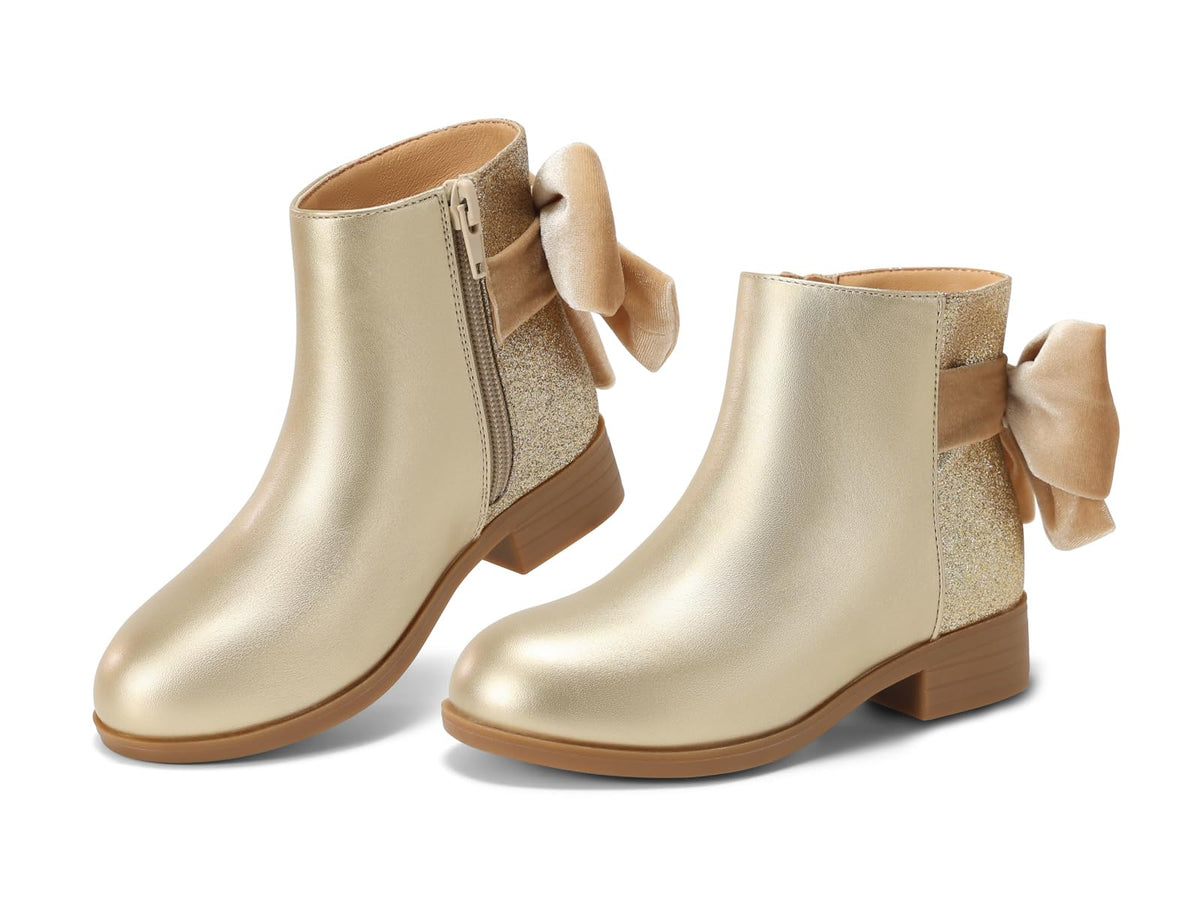 Coutgo Girls Ankle Boots Bow Glitter Chunky Low Heel Zip Dress Booties