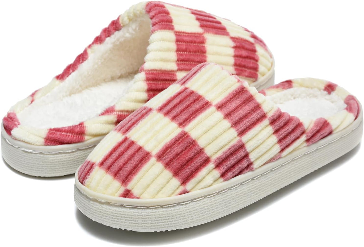 Kids Checkerboard Slippers Boys Girls Warm Fleece Corduroy Clog House Shoes
