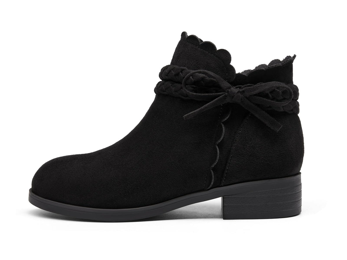 Coutgo Girls Bow Ankle Boots Low Heel Zip Booties Braided Strap Dress Shoes