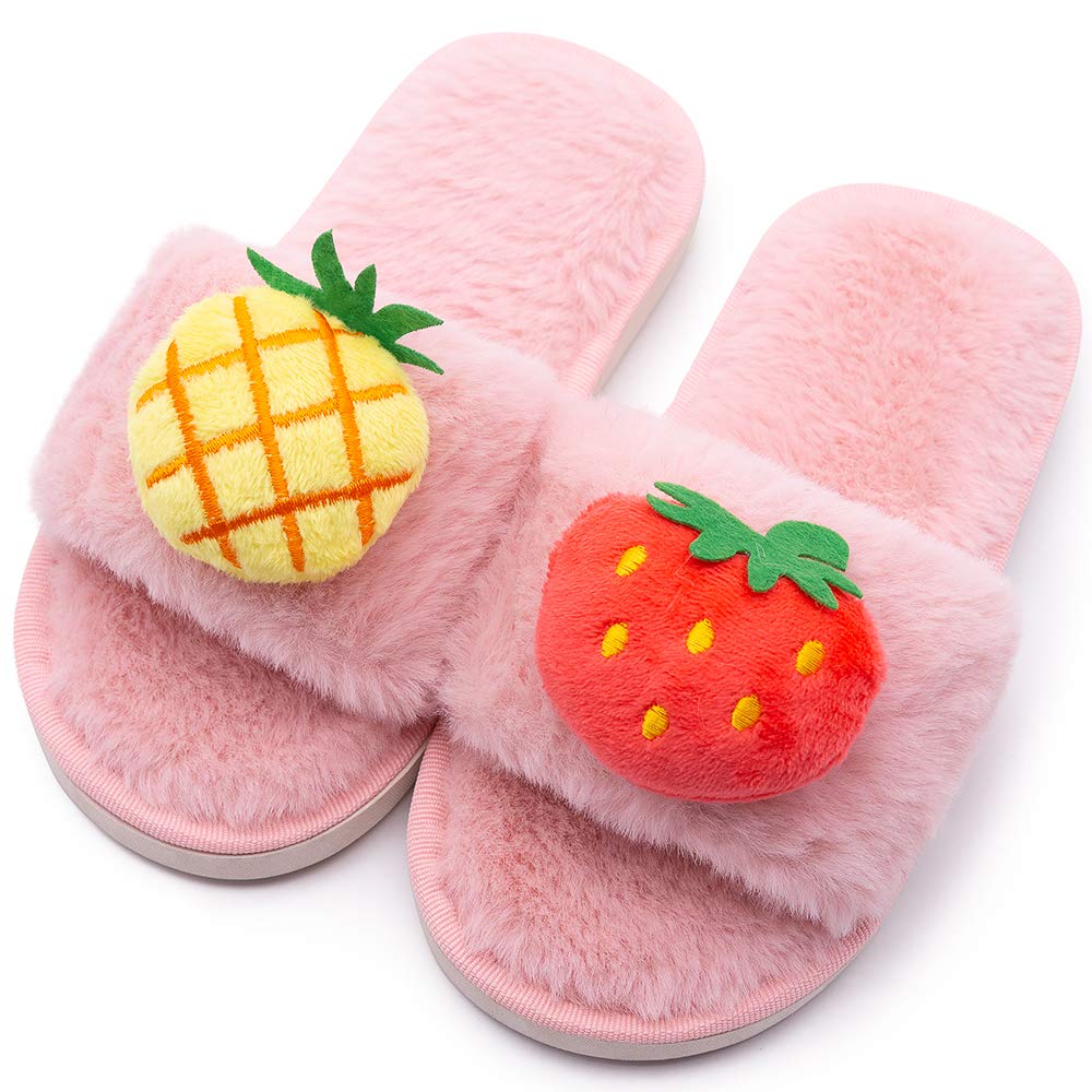 techcity Boys Girls Fuzzy House Slippers Cute Comfy Faux Fur Slip On Fluffy Plush Open Toe Home Slides for Kids Indoor Outdoor Warm Shoes