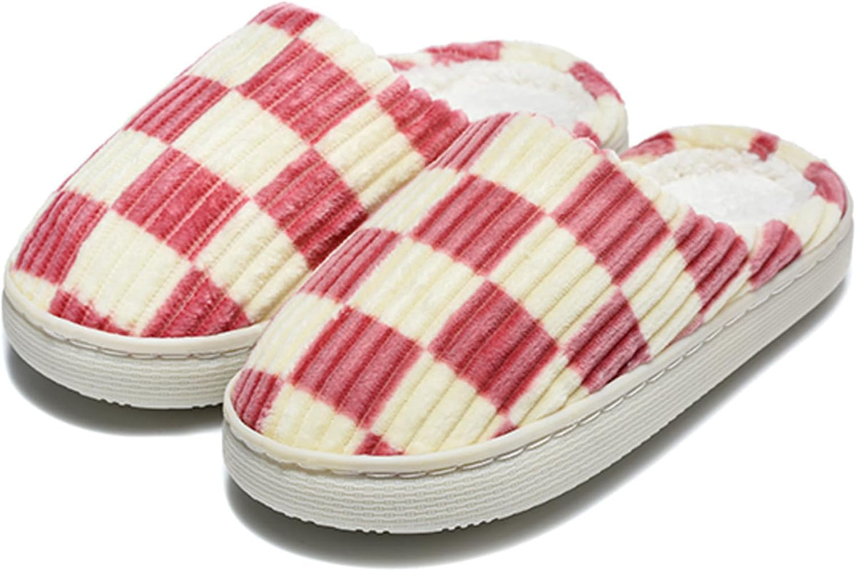 Kids Checkerboard Slippers Boys Girls Warm Fleece Corduroy Clog House Shoes