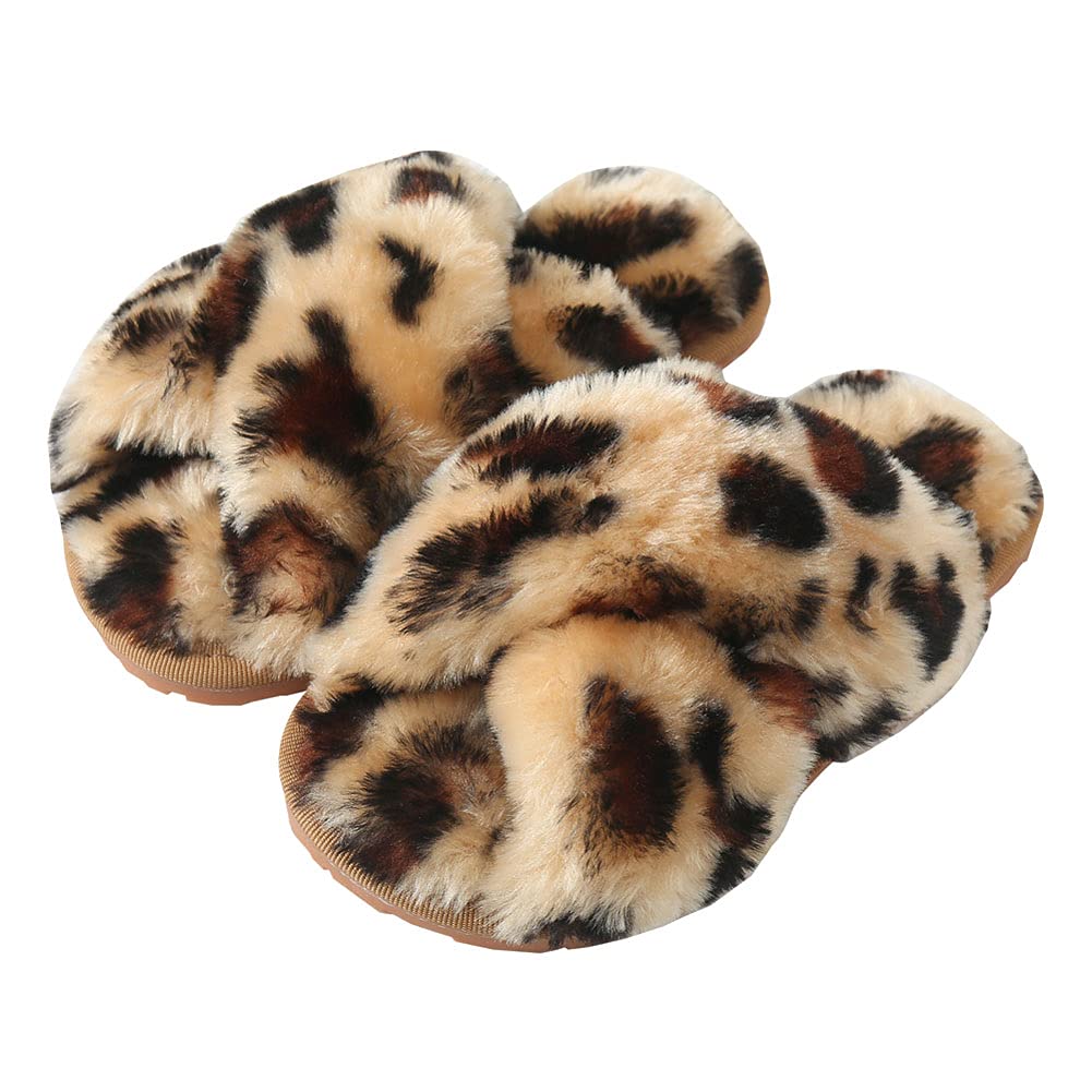 Girls Fluffy Cute Fuzzy Slippers, Open Toe Cross Band