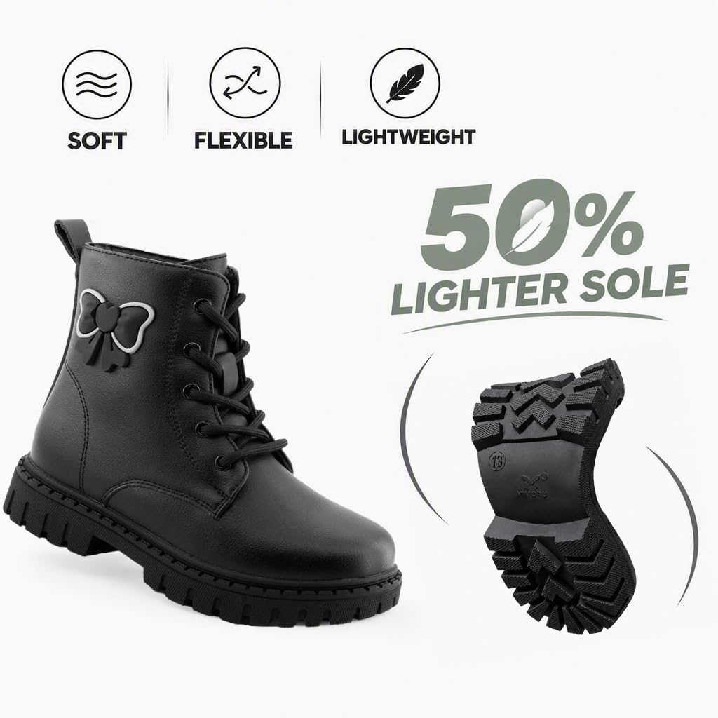 Girls Combat Boots Side Bow Detail Lace Up Side Zipper Ankle Boots
