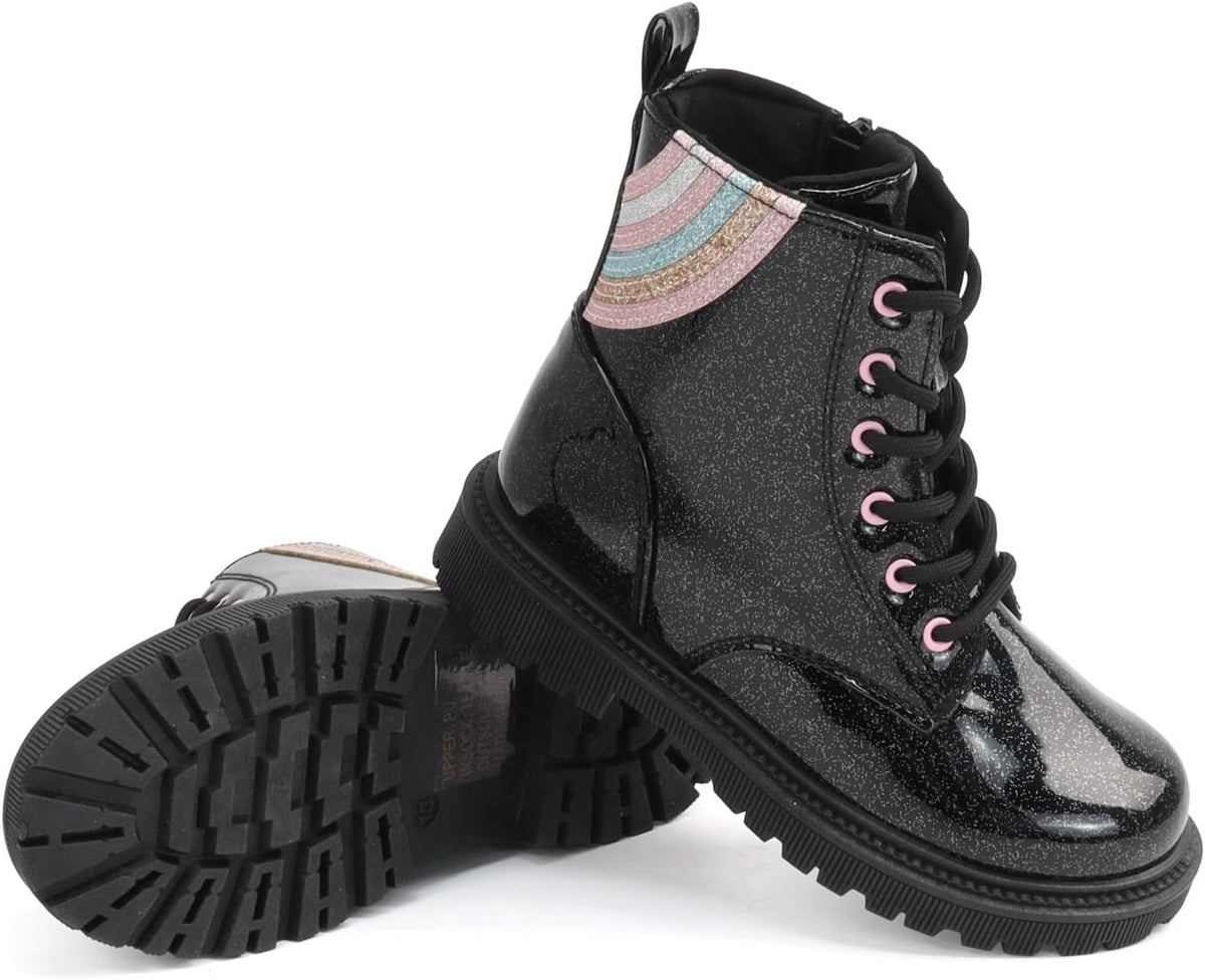 Girls Black Glitter Combat Ankle Boots with Zippers & Laces