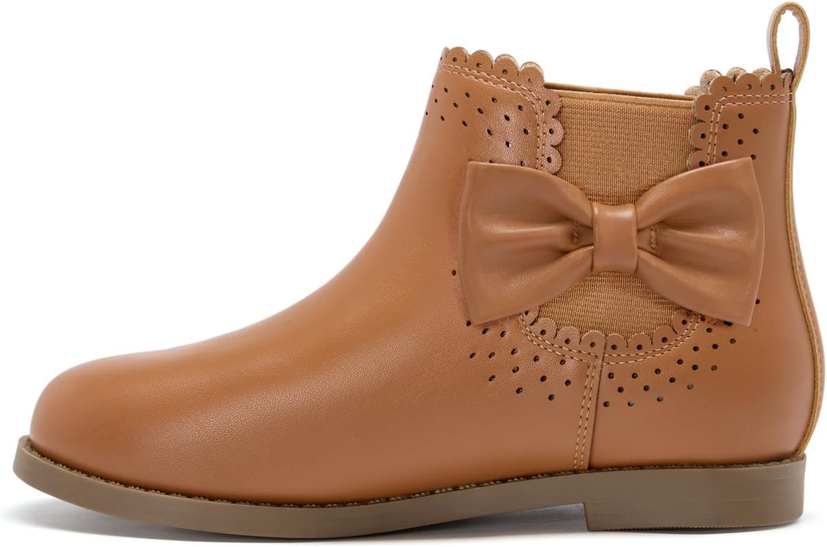 Coutgo Girls Ankle Boots Bow Chunky Low Heel Chelsea Booties Dress Shoes