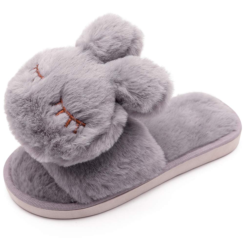 techcity Boys Girls Fuzzy House Slippers Cute Comfy Faux Fur Slip On Fluffy Plush Open Toe Home Slides for Kids Indoor Outdoor Warm Shoes