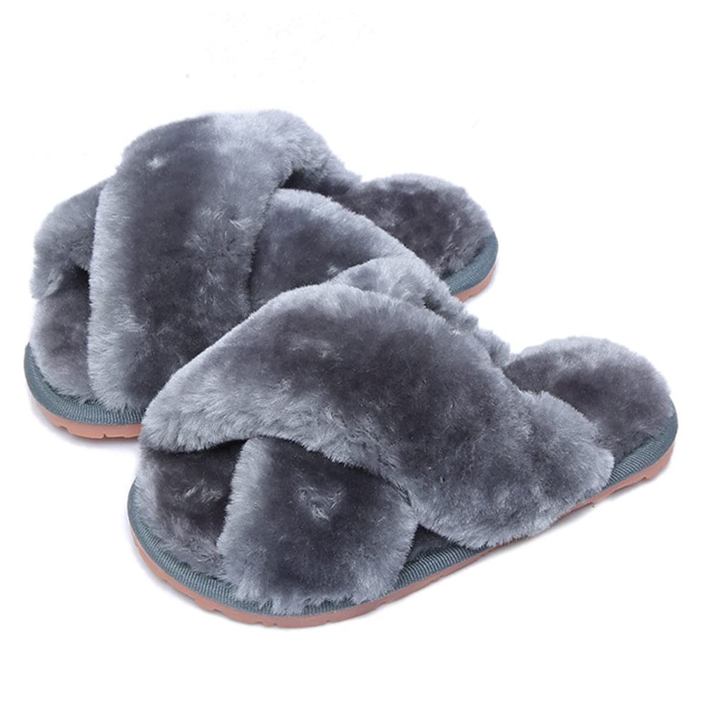 Girls Fluffy Cute Fuzzy Slippers, Open Toe Cross Band