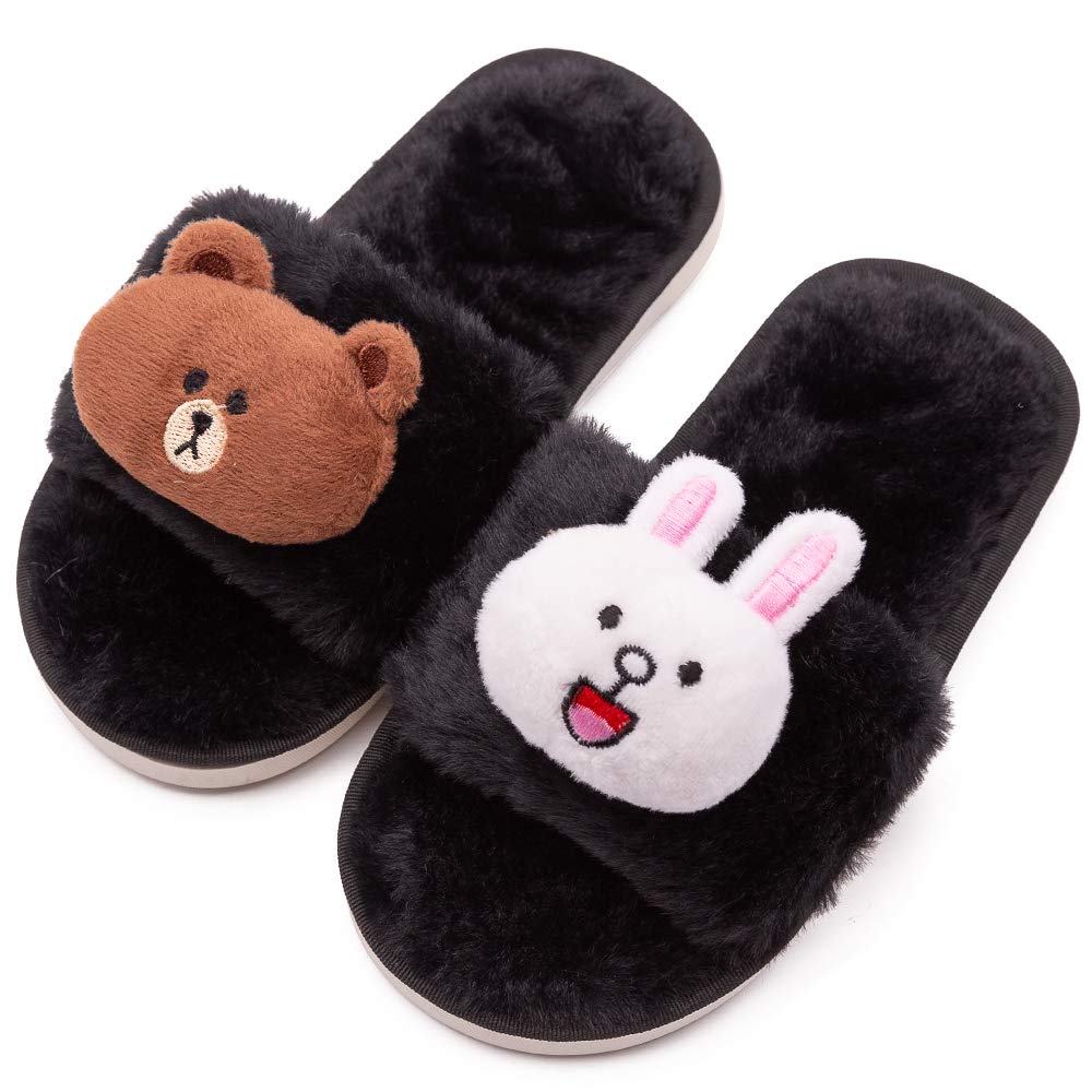 techcity Boys Girls Fuzzy House Slippers Cute Comfy Faux Fur Slip On Fluffy Plush Open Toe Home Slides for Kids Indoor Outdoor Warm Shoes