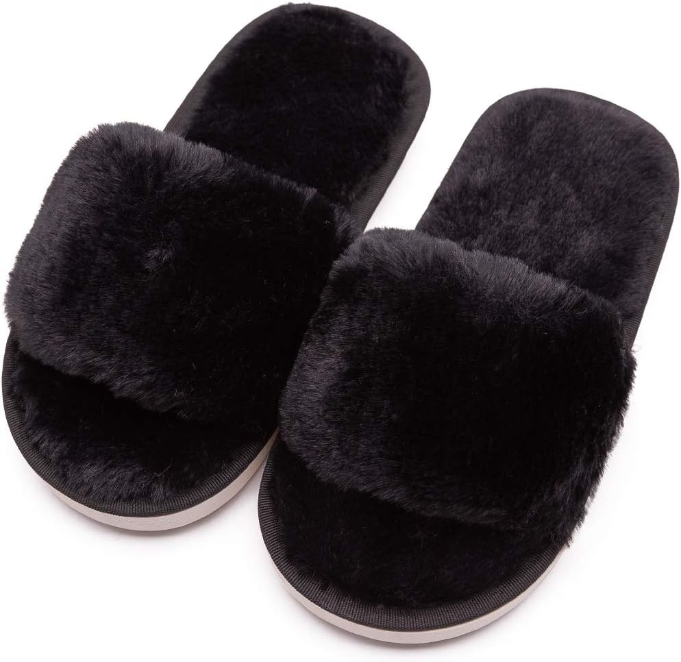 techcity Boys Girls Fuzzy House Slippers Cute Comfy Faux Fur Slip On Fluffy Plush Open Toe Home Slides for Kids Indoor Outdoor Warm Shoes