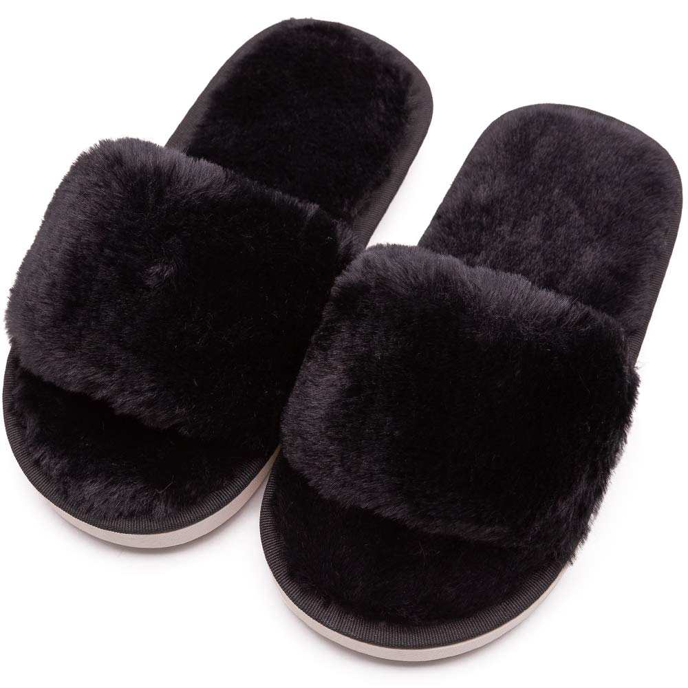 techcity Boys Girls Fuzzy House Slippers Cute Comfy Faux Fur Slip On Fluffy Plush Open Toe Home Slides for Kids Indoor Outdoor Warm Shoes