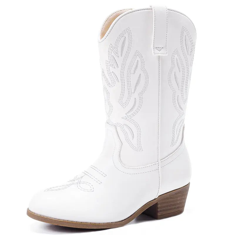 Girls' Mid-Calf Pointed Toe Synthetic Cowgirl Boots - 1 Pair, Side Zipper, Classic Stitch Detail Art Western Boho Footwear Boot, for Toddler Kids, Horse Riding & Party Use (Pairs with Jeans)