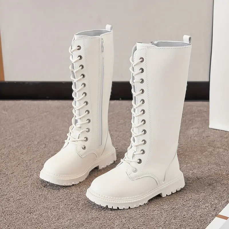 Girls' Autumn Winter Zipper High-Top Boots - Knee-Length Round Toe Boots with Contrast Stitching, Brown & Black Casual & Formal Footwear, Cowgirl Boots, Stylish Outerwear Footwear, Durable Rubber Sole