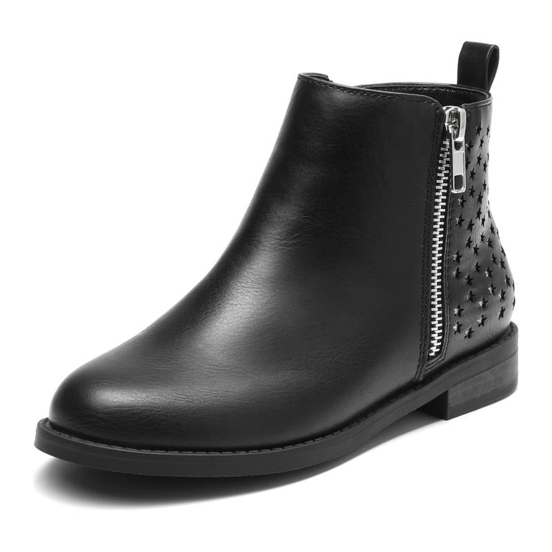 Dream Pairs Girls' 10-11 Yrs Footwear Boot, Round Toe PU Leather Ankle Boot with Star Cutouts, Side Zipper for Quick On-Off, Padded Synthetic Design, Autumn Kids' Fashion, Fits Little Feet, Pairs with Jeans & Tees, Side Zipper, Quick On-Off
