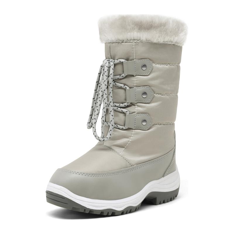 Dream Pairs Girls' Round Toe Mid-Calf Snow Boots - Water-Resistant Upper, Cozy Faux Fur Lining, Side Zipper, Laces, Warm, 9" Around, No Heel, High-Quality Fluff, for Outdoor Skiing, Making Snowmen, Size for 12-13 Years