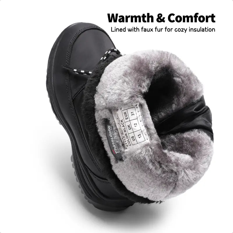 Dream Pairs Girls' Round Toe Mid-Calf Snow Boots - Water-Resistant Upper, Cozy Faux Fur Lining, Side Zipper, Laces, Warm, 9" Around, No Heel, High-Quality Fluff, for Outdoor Skiing, Making Snowmen, Size for 12-13 Years