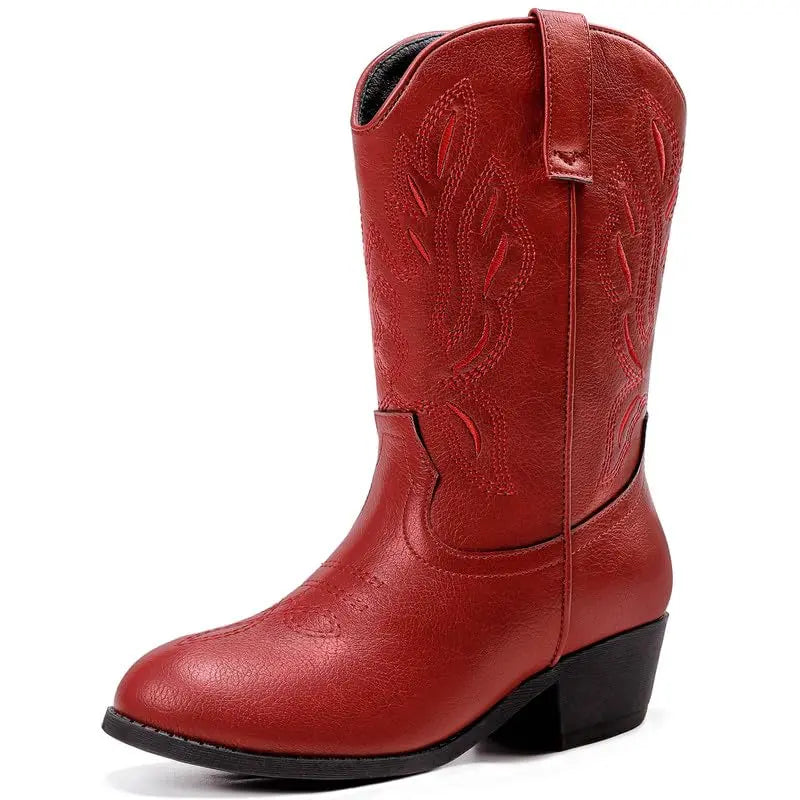 Girls' Mid-Calf Pointed Toe Synthetic Cowgirl Boots - 1 Pair, Side Zipper, Classic Stitch Detail Art Western Boho Footwear Boot, for Toddler Kids, Horse Riding & Party Use (Pairs with Jeans)