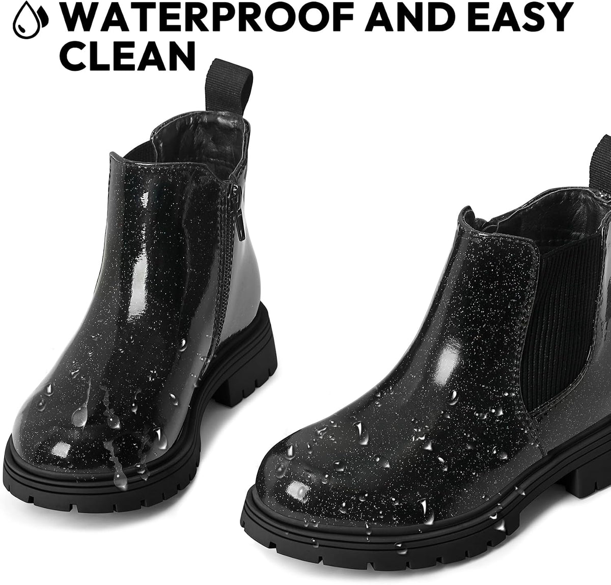 K KomForme Girl Glitter Ankle Boot Side Zipper Chelsea Booties Lug Sole