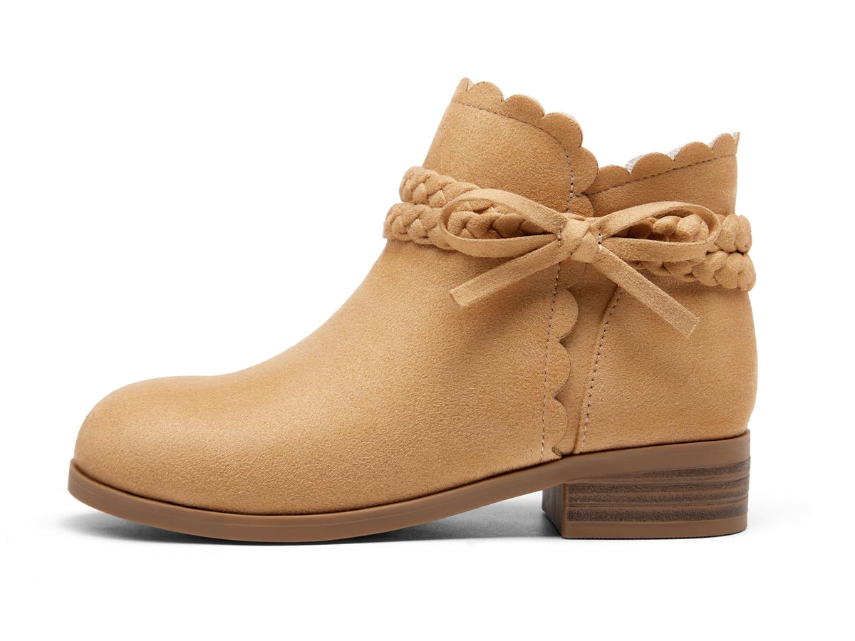 Coutgo Girls Bow Ankle Boots Low Heel Zip Booties Braided Strap Dress Shoes
