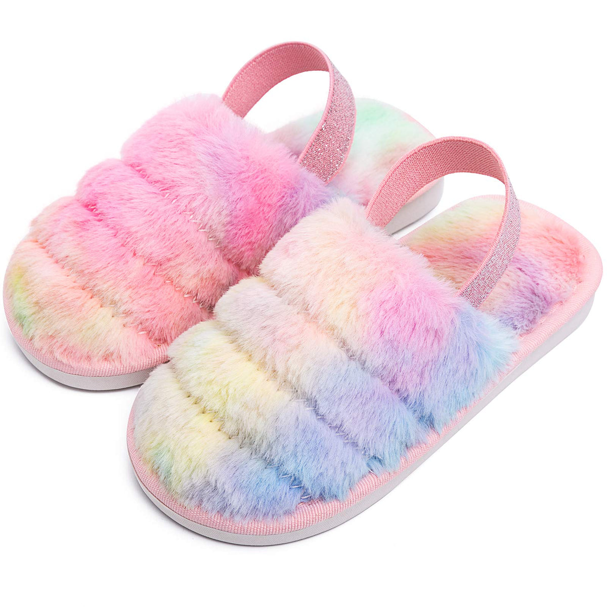 Kids Fluffy Fuzzy Slippers Open Toe House Home Slippers for Boys and Girls Faux Fur Slides with Strap Little Kids Slip-on Shoes