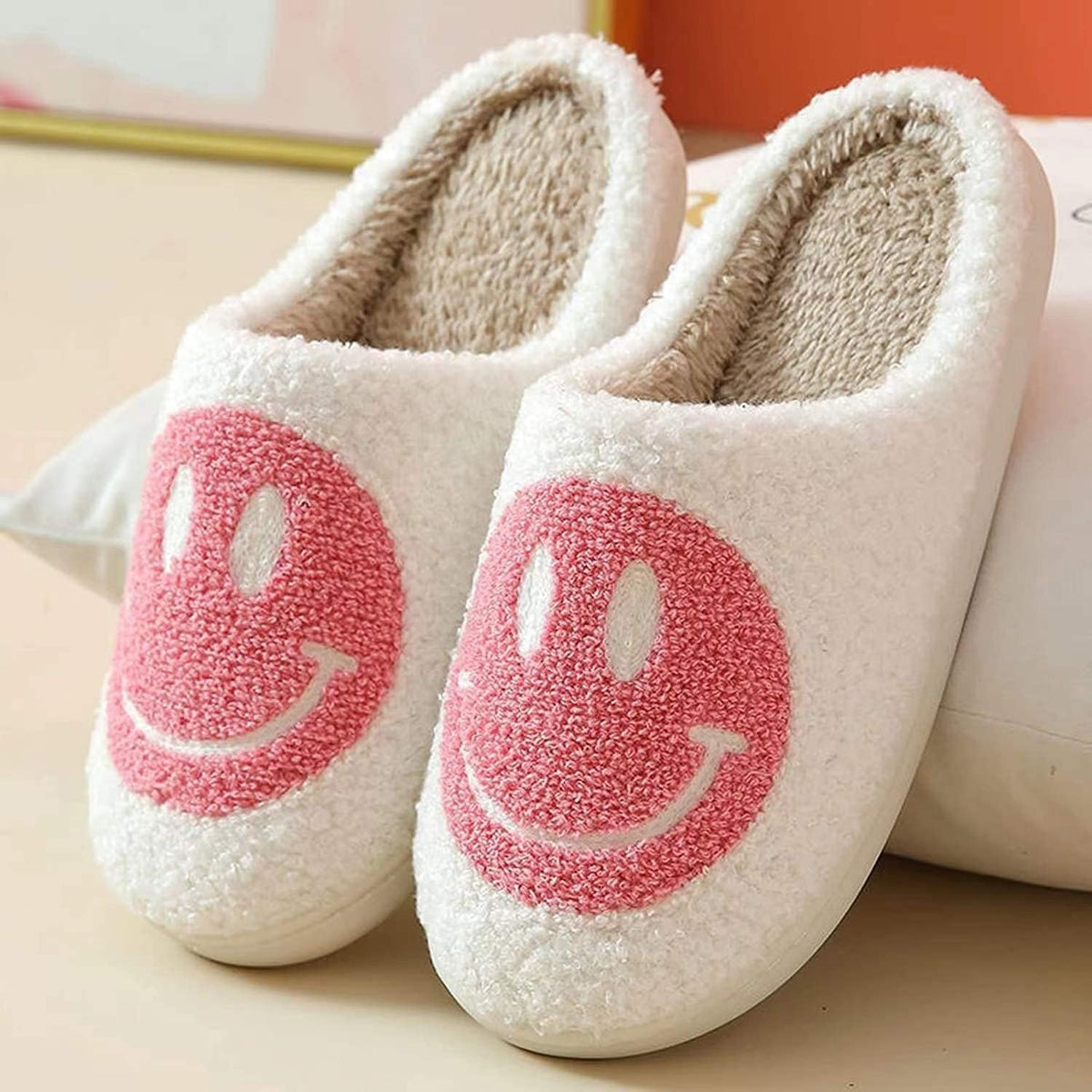 Retro Fuzzy Happy Face Slippers for Women Men, Cozy House Shoes