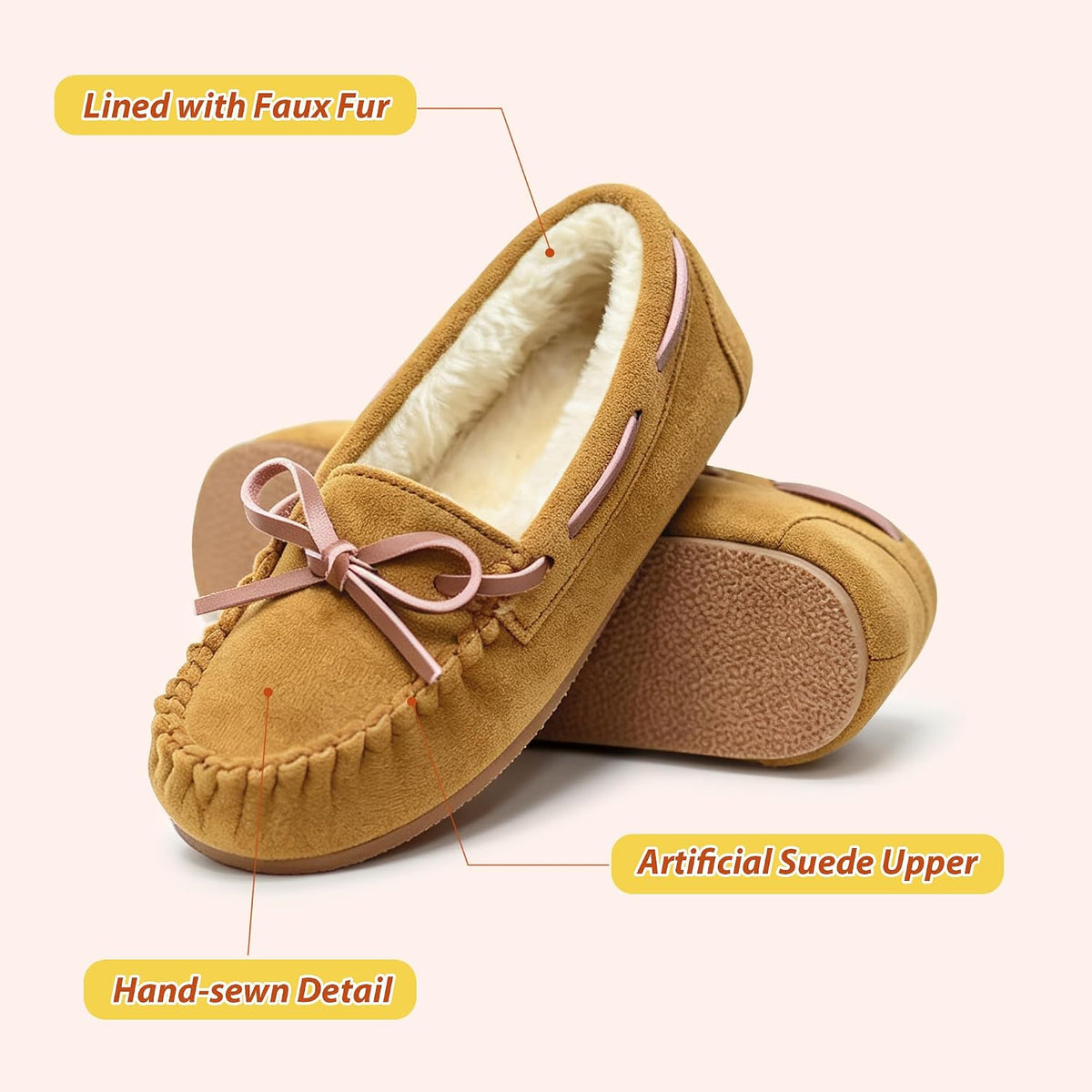 Vonair Girls Slippers Faux Fur Moccasin House Shoes Bow