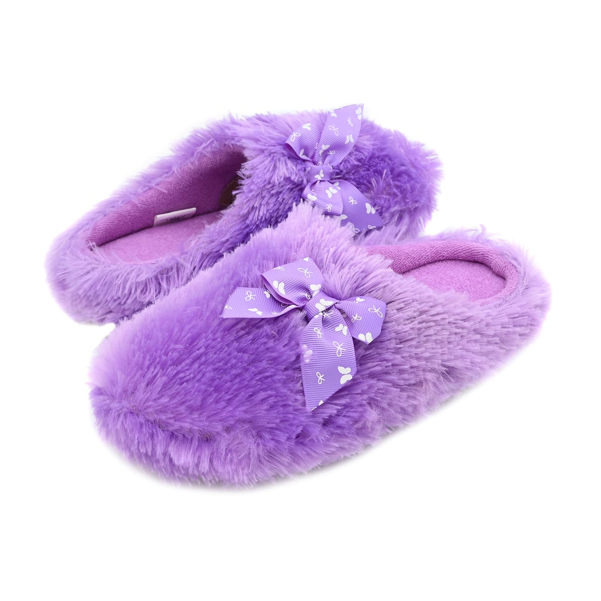 Onmygogo Girls Fuzzy Winter Indoor Slippers with Floral Bowknot, Warm Cozy Plush House Slippers for Little Big Kids Girls