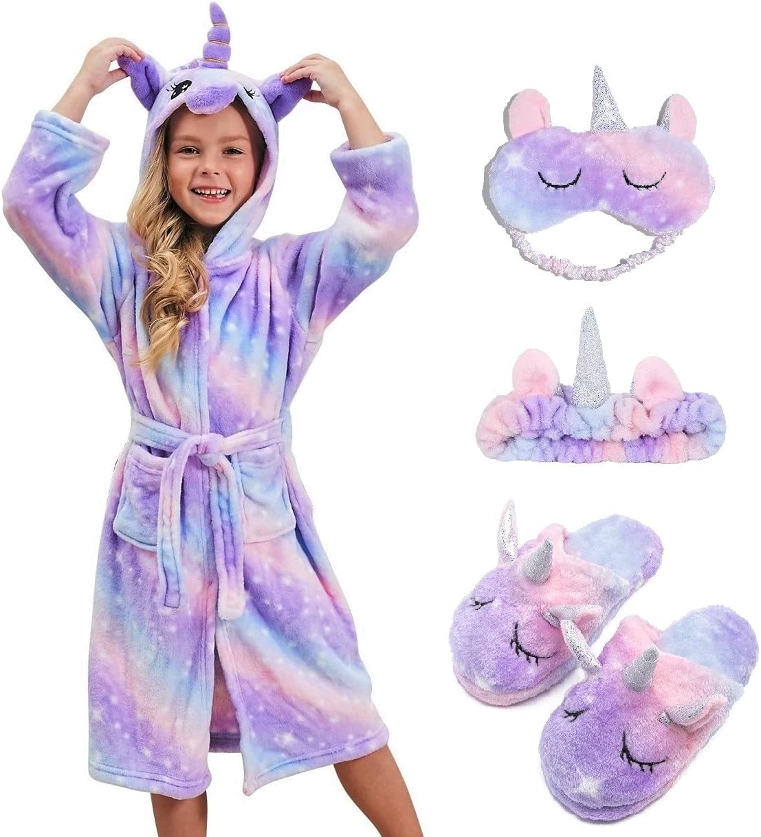 CHETOSHO Soft Unicorn Hooded Robe with Matching Slippers Headband and Blindfold for Girls
