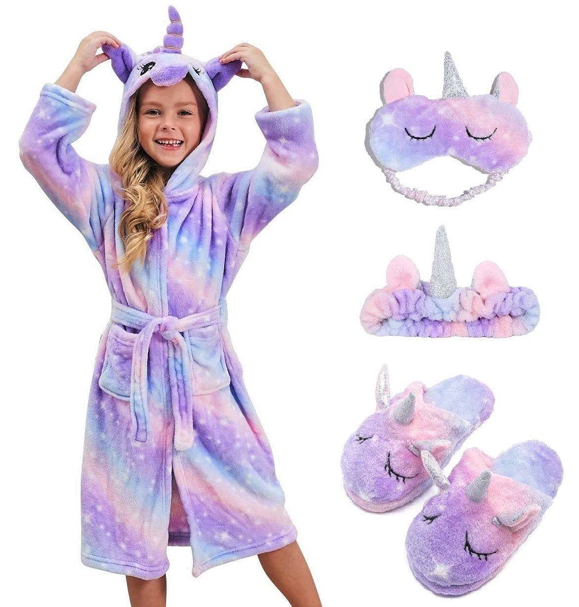 CHETOSHO Soft Unicorn Hooded Robe with Matching Slippers Headband and Blindfold for Girls