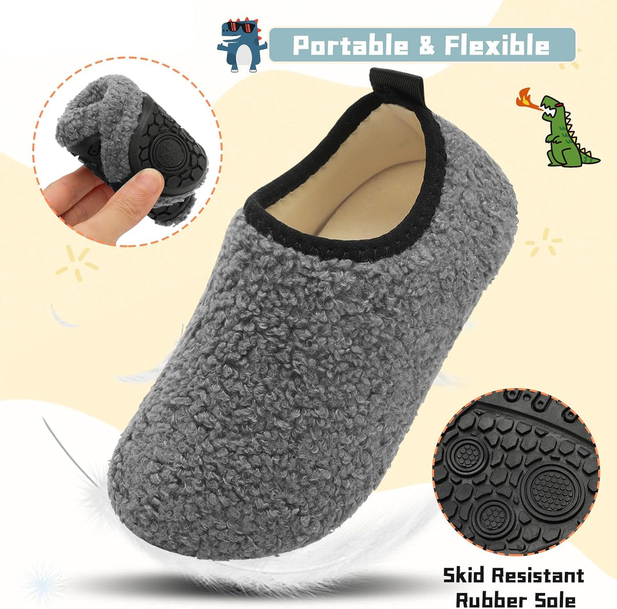 QFH Toddler Slippers Boys Girls Indoor Comfy Slippers Kids Barefoot Walking Shoes with Soft Velvet Lining Winter Warm Sock Shoes