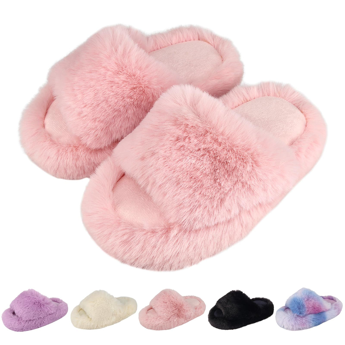 KOUECI Girls Fuzzy Plush Slippers丨Kids Open Toe Fluffy Memory Foam Slippers丨Slip on Warm Soft Furry Slides Indoor Outdoor House Shoes