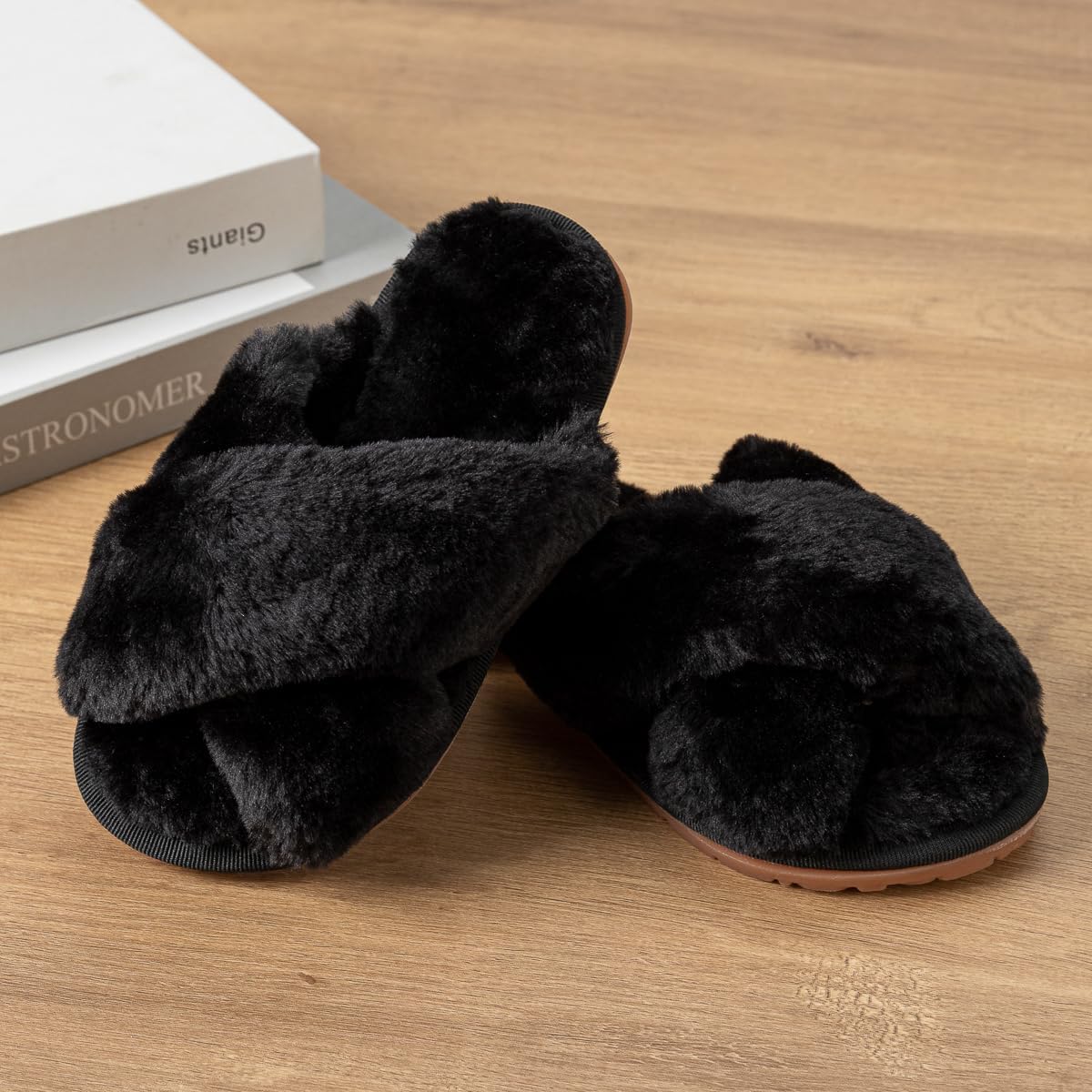 Enteer Girls Fluffy Slippers Memory Foam Soft Plush Cross Band House Shoes Indoor Outdoor Slip On
