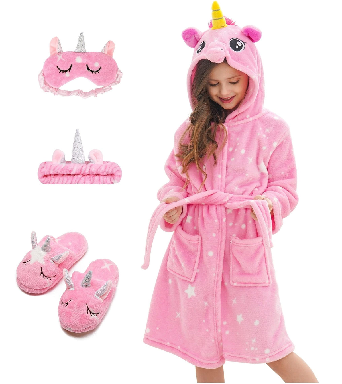 CHETOSHO Soft Unicorn Hooded Robe with Matching Slippers Headband and Blindfold for Girls