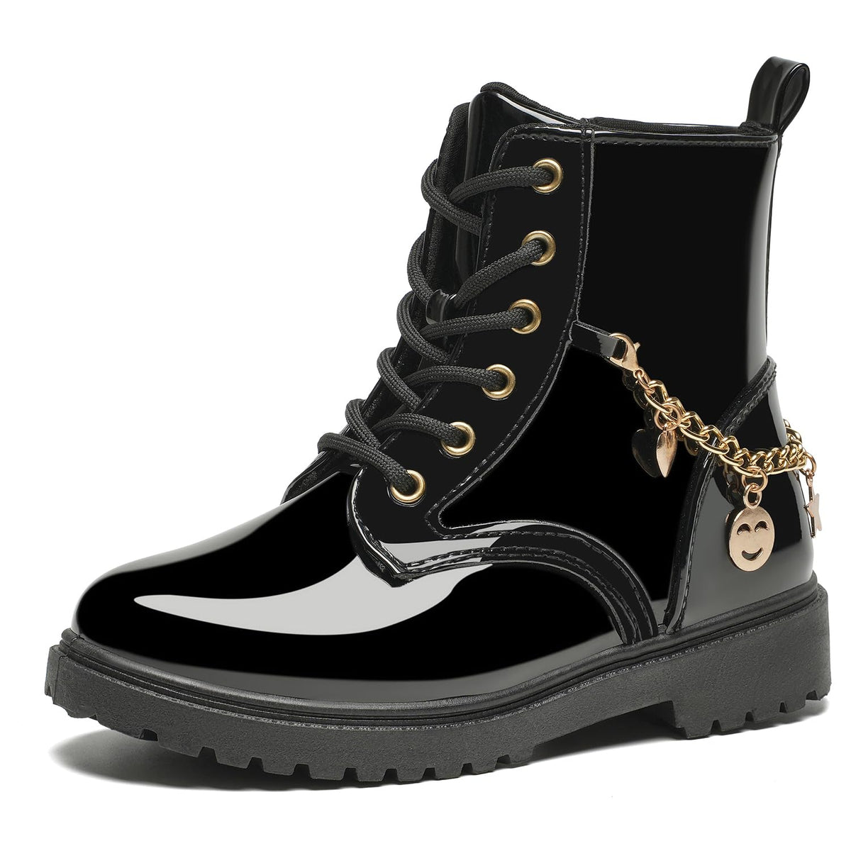 Girls Black Glitter Combat Ankle Boots with Zippers & Laces
