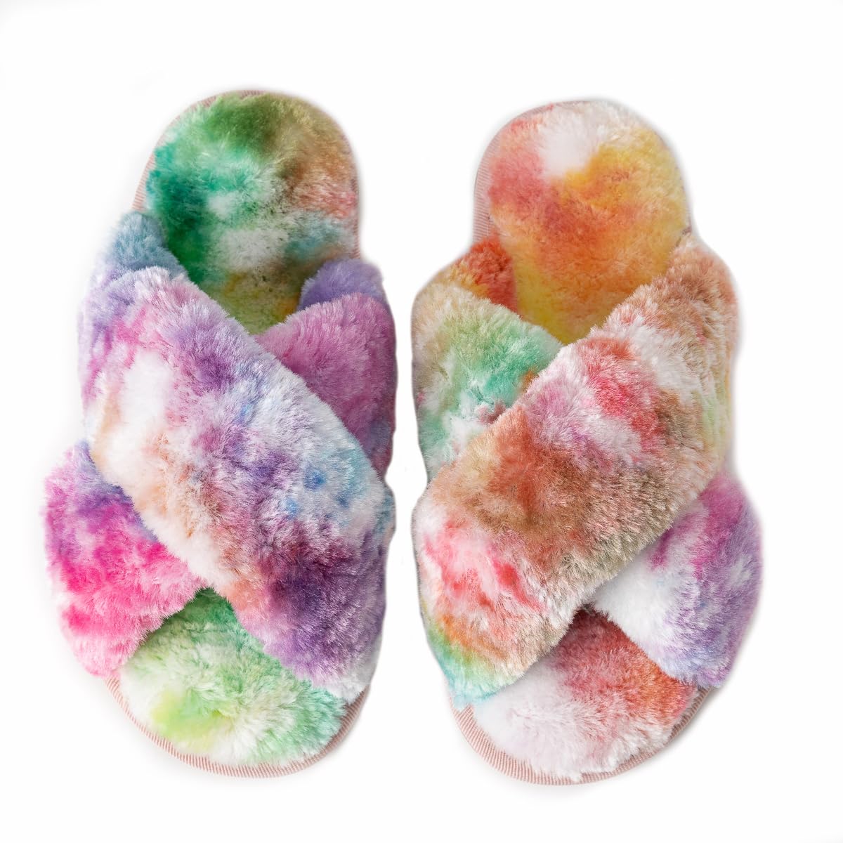 Enteer Girls Fluffy Slippers Memory Foam Soft Plush Cross Band House Shoes Indoor Outdoor Slip On