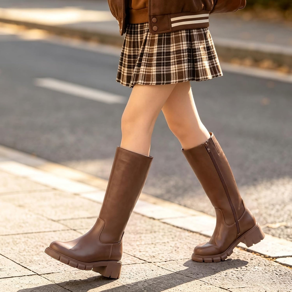 Athlefit Girls Knee High Boots Kids Chunky Heel Boots