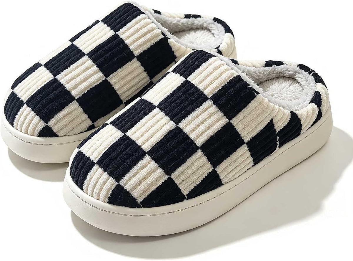 Kids Checkered Slippers for Girls and Boys, Cozy Corduroy Fuzzy House Shoes with Warm Fleece Lining, Soft Memory Foam Indoor Slip on Bedroom Loafers for Toddler Little Big Kid