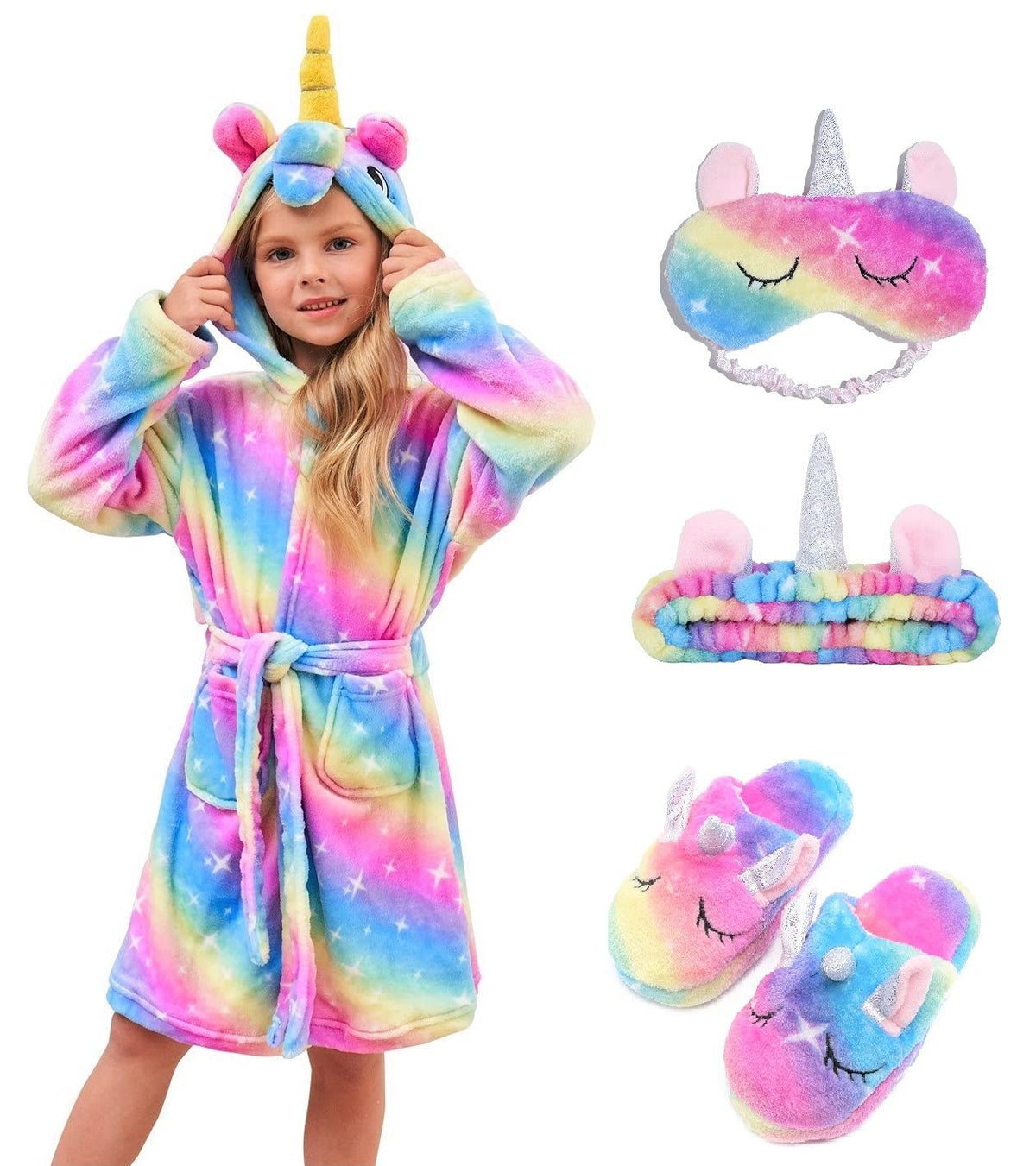 CHETOSHO Soft Unicorn Hooded Robe with Matching Slippers Headband and Blindfold for Girls