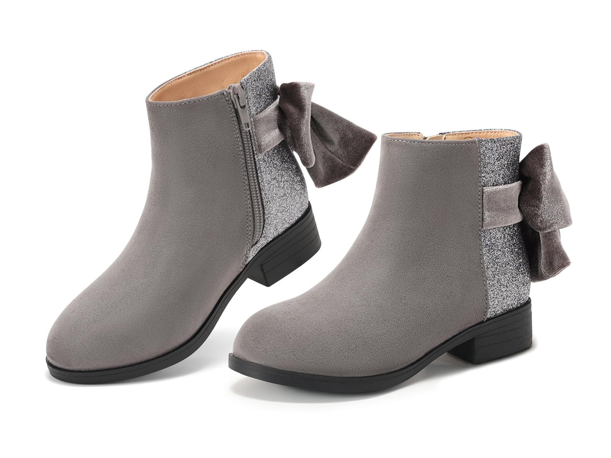 Coutgo Girls Ankle Boots Bow Glitter Chunky Low Heel Zip Dress Booties