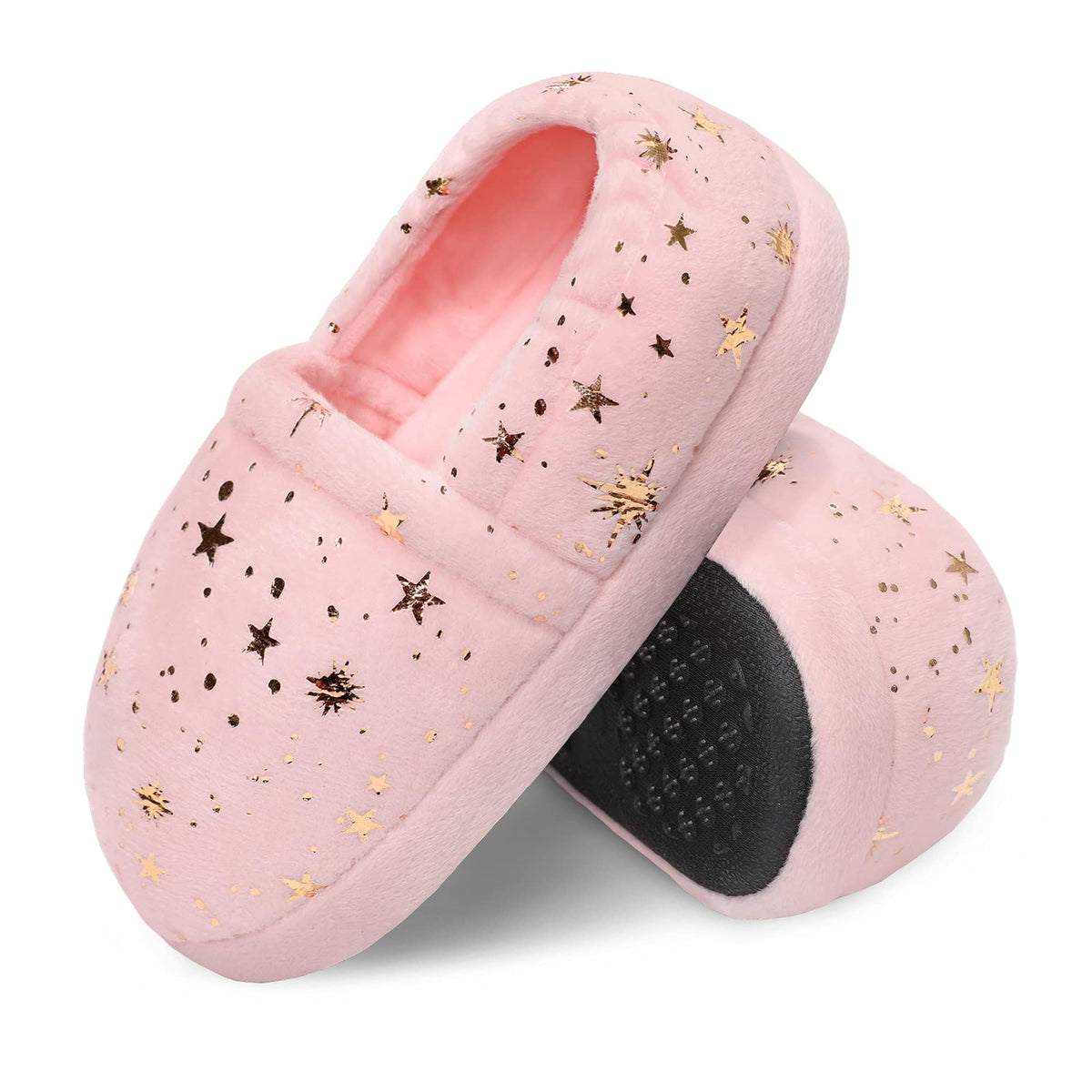 Bigwow Girls House Slippers Cozy Memory Foam Indoor Outdoor Shoes with Non-Slip Sole Star Print for Toddler Little Kids (Pink/Navy Blue)