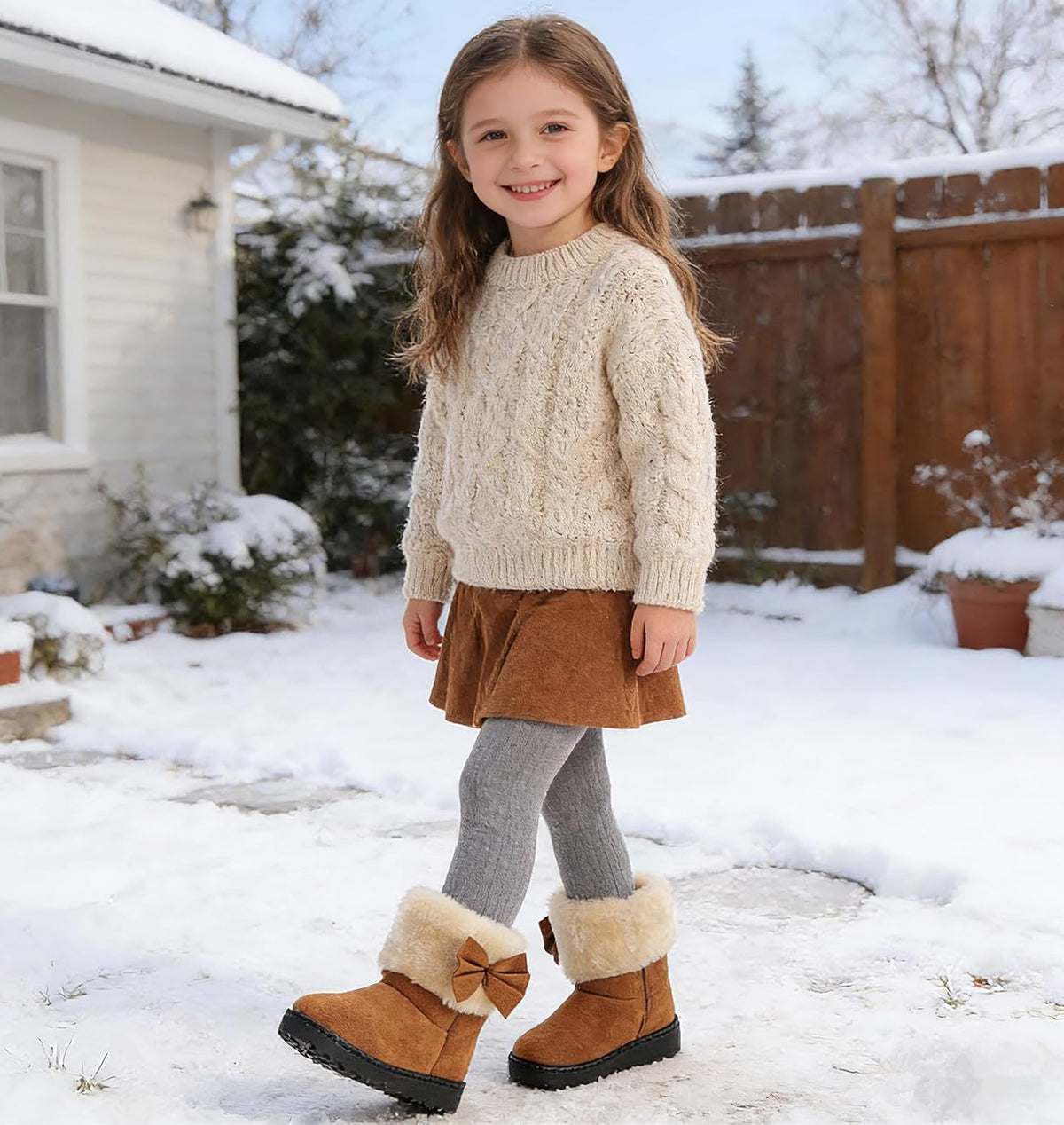 DADAWEN Baby's Girl's Toddler Fashion Cute Bowknot Fur Lining Princess Warm Snow Boots