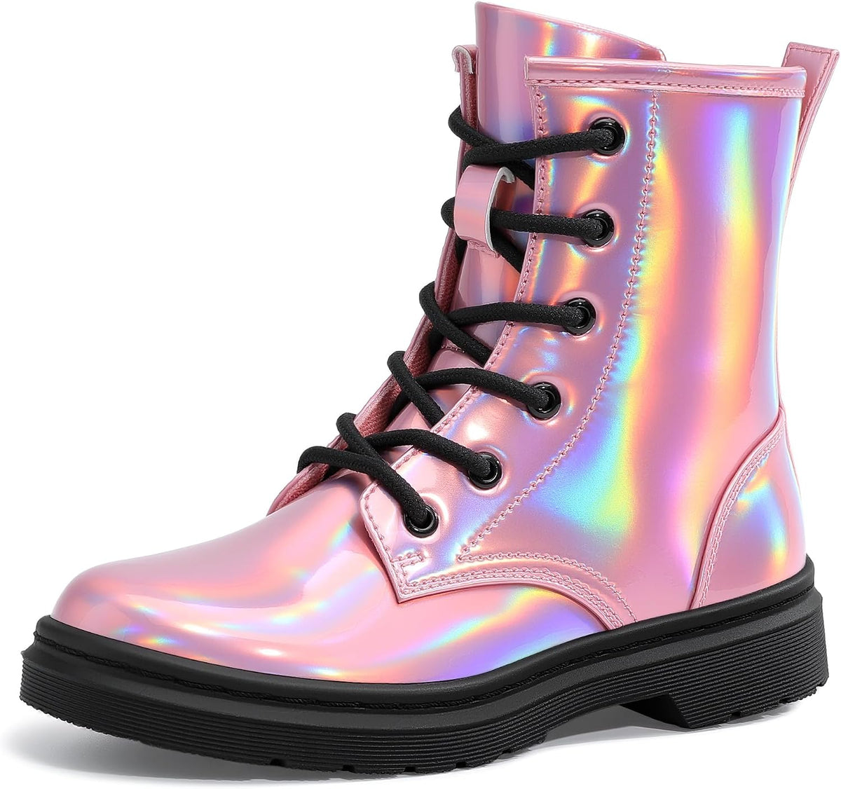 shoeslocker Girls Boots Shiny Stylish Comfort Combat Ankle Bootie
